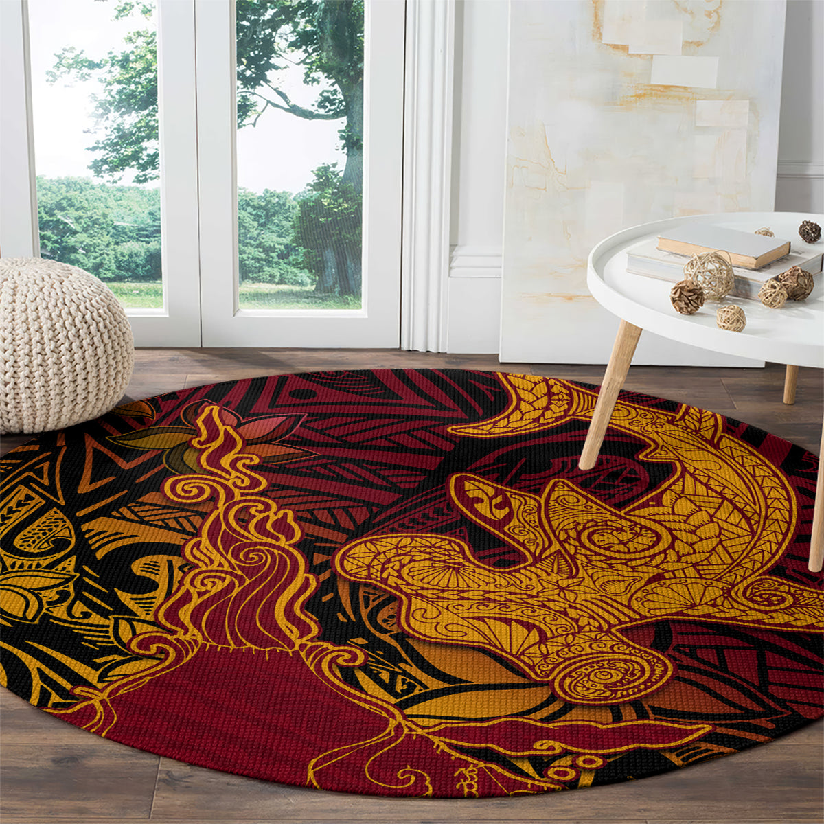 Hawaiian Volcano and Shark Round Carpet Polynesian and Hibiscus Pattern Lava Color LT03 - Polynesian Pride
