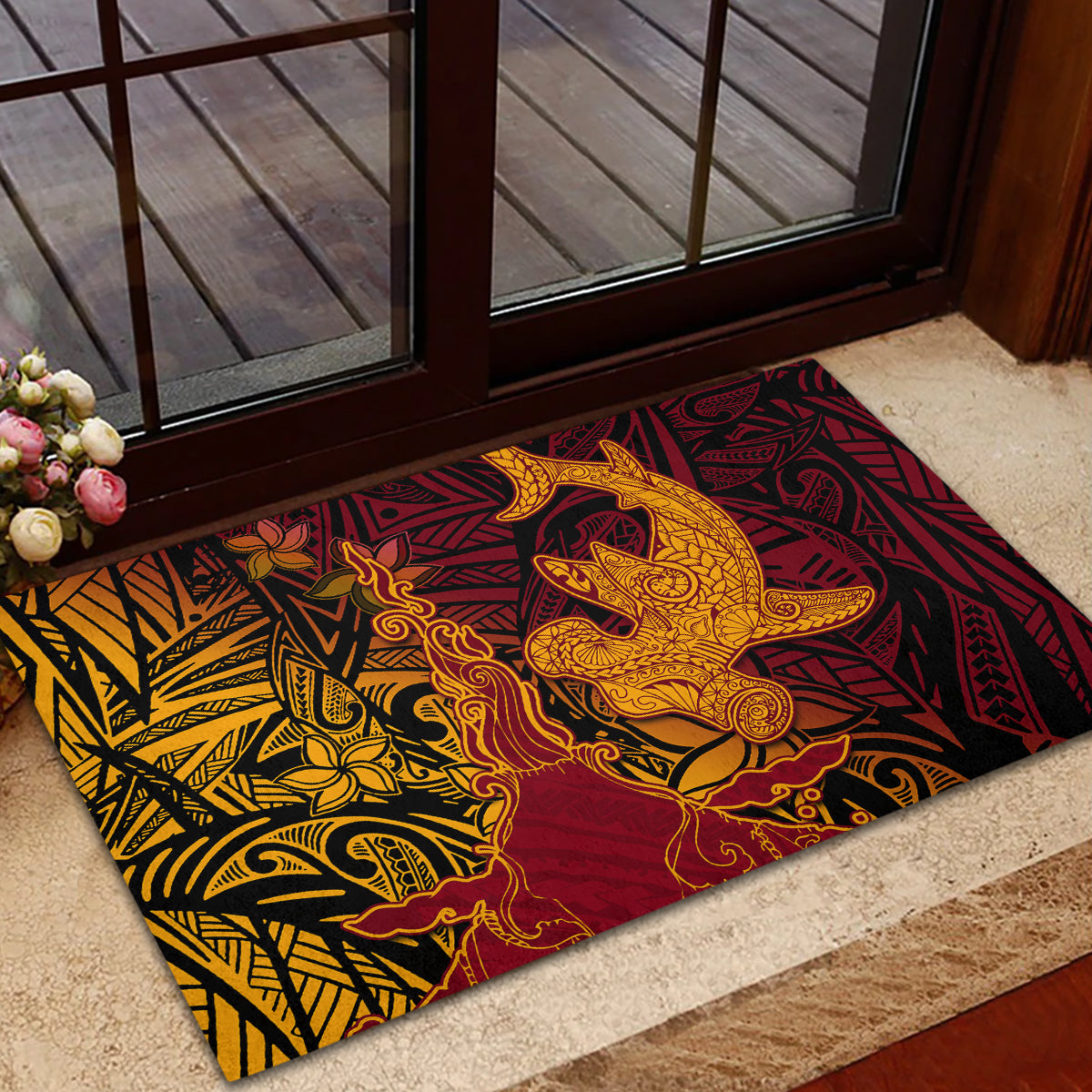 Hawaiian Volcano and Shark Rubber Doormat Polynesian and Hibiscus Pattern Lava Color