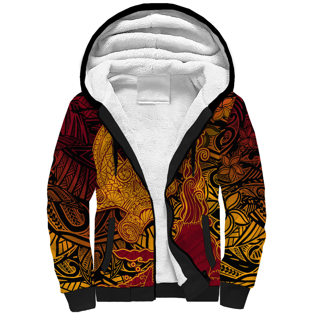 Hawaiian Volcano and Shark Sherpa Hoodie Polynesian and Hibiscus Pattern Lava Color