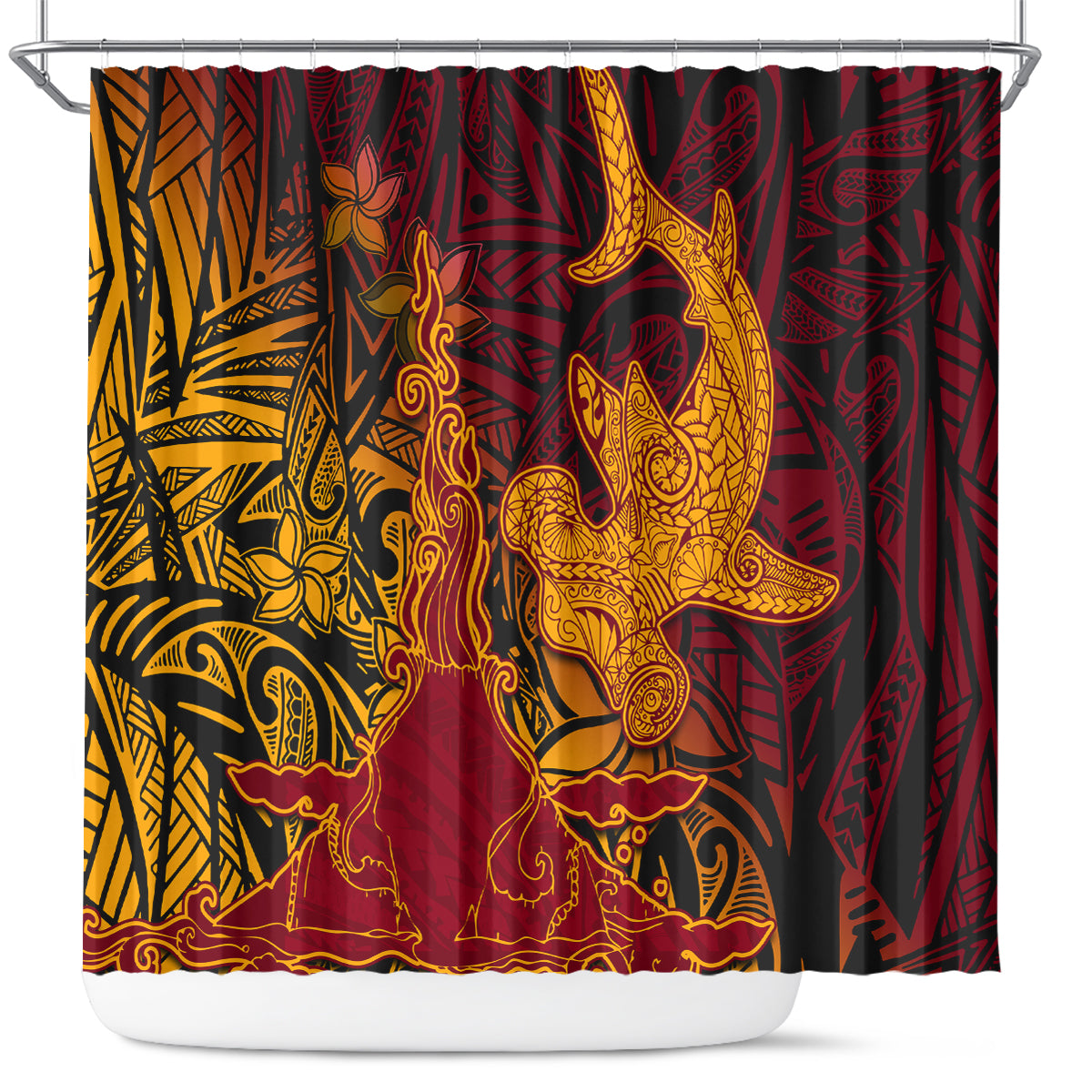 Hawaiian Volcano and Shark Shower Curtain Polynesian and Hibiscus Pattern Lava Color LT03 Red - Polynesian Pride