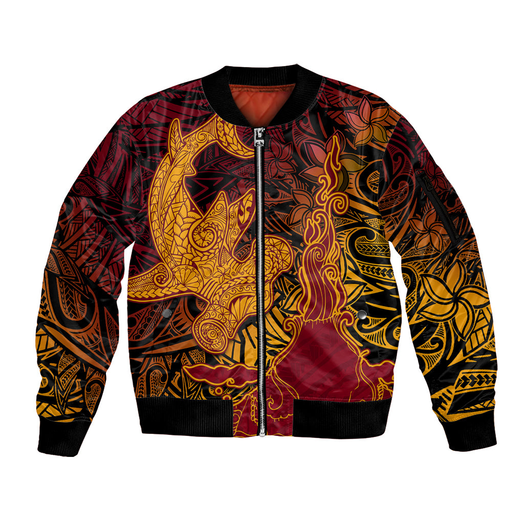 Hawaiian Volcano and Shark Sleeve Zip Bomber Jacket Polynesian and Hibiscus Pattern Lava Color LT03 Unisex Red - Polynesian Pride