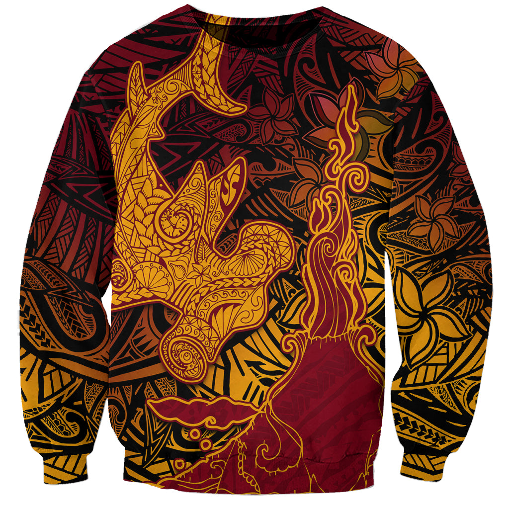 Hawaiian Volcano and Shark Sweatshirt Polynesian and Hibiscus Pattern Lava Color LT03 Unisex Red - Polynesian Pride