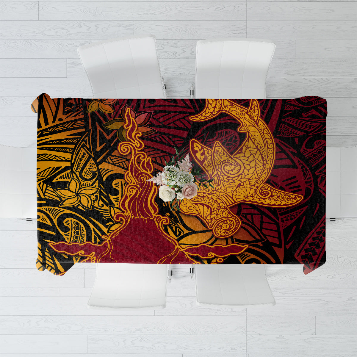 Hawaiian Volcano and Shark Tablecloth Polynesian and Hibiscus Pattern Lava Color LT03 Red - Polynesian Pride