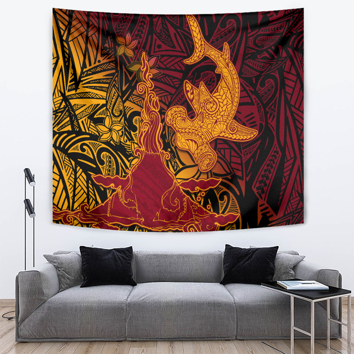 Hawaiian Volcano and Shark Tapestry Polynesian and Hibiscus Pattern Lava Color LT03 Red - Polynesian Pride