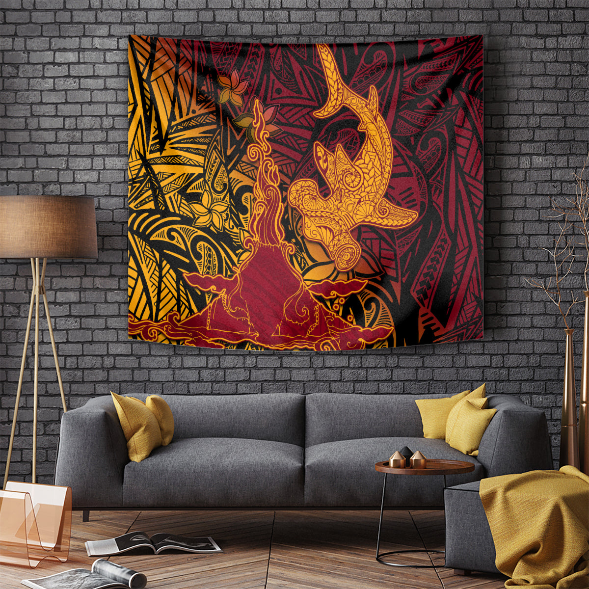 Hawaiian Volcano and Shark Tapestry Polynesian and Hibiscus Pattern Lava Color LT03 - Polynesian Pride