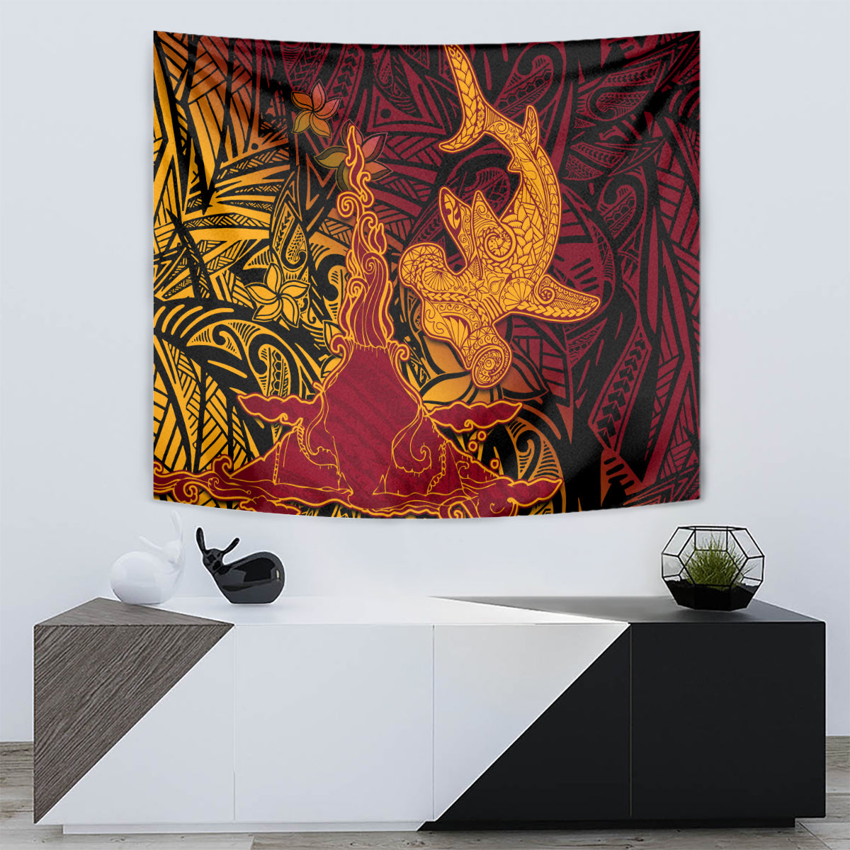 Hawaiian Volcano and Shark Tapestry Polynesian and Hibiscus Pattern Lava Color LT03 - Polynesian Pride