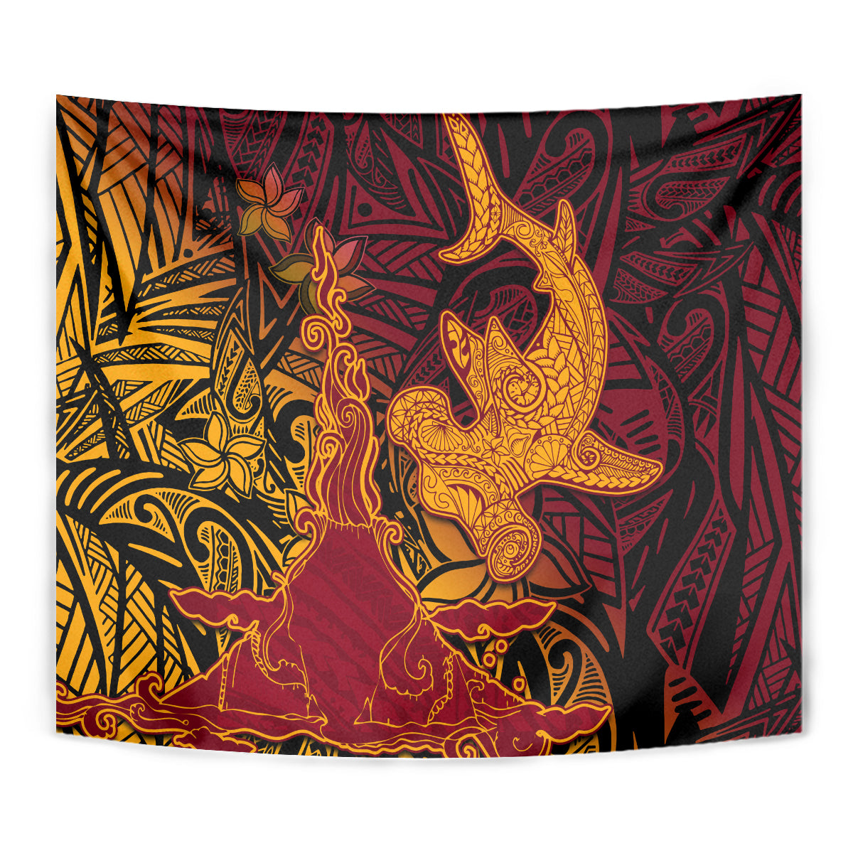 Hawaiian Volcano and Shark Tapestry Polynesian and Hibiscus Pattern Lava Color LT03 - Polynesian Pride