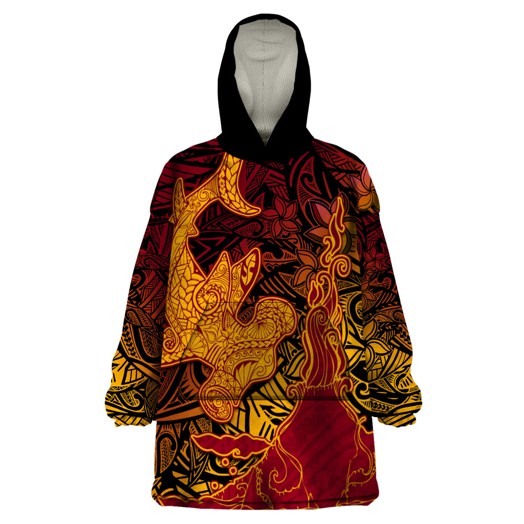 Hawaiian Volcano and Shark Wearable Blanket Hoodie Polynesian and Hibiscus Pattern Lava Color LT03 One Size Red - Polynesian Pride