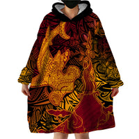 Hawaiian Volcano and Shark Wearable Blanket Hoodie Polynesian and Hibiscus Pattern Lava Color