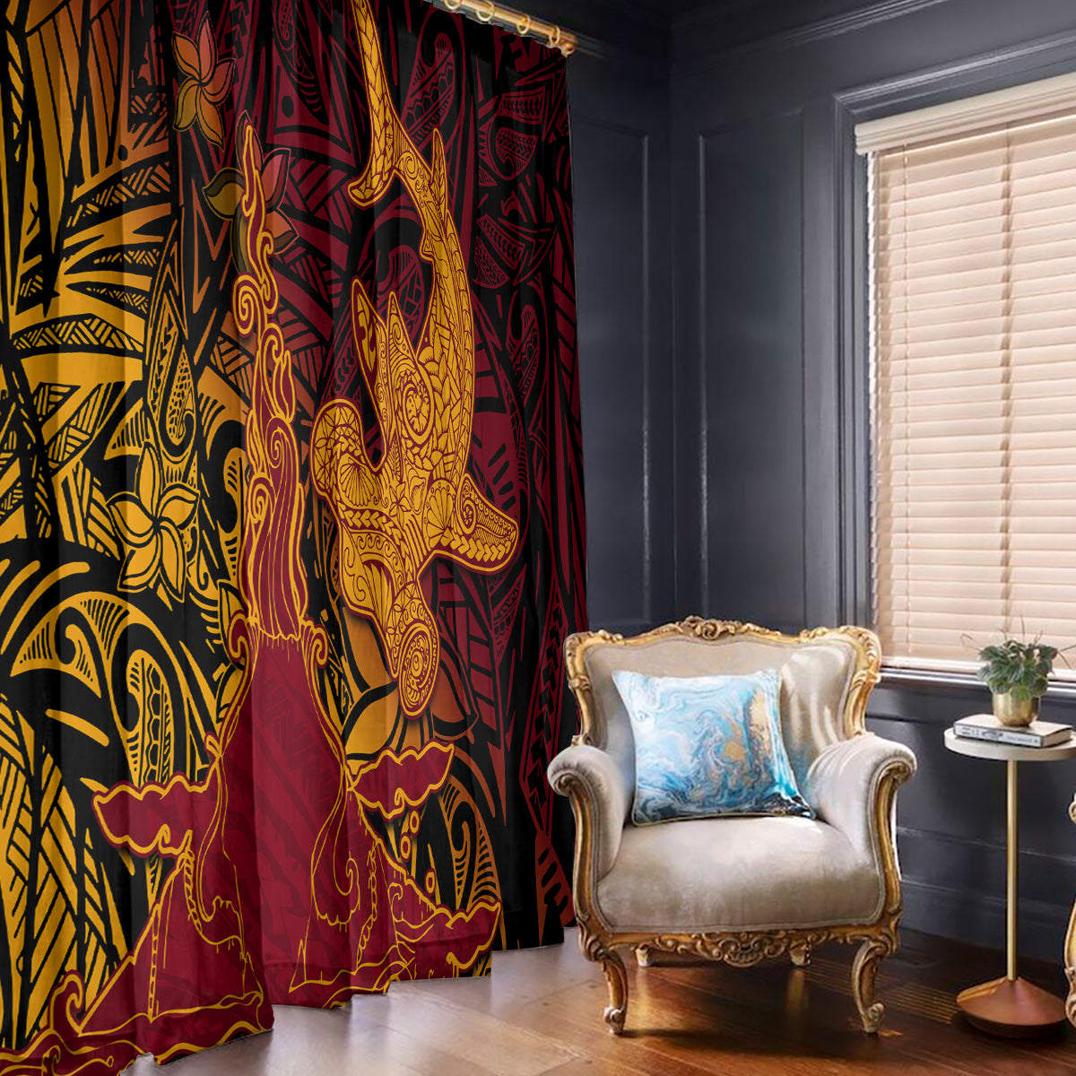 Hawaiian Volcano and Shark Window Curtain Polynesian and Hibiscus Pattern Lava Color LT03 - Polynesian Pride