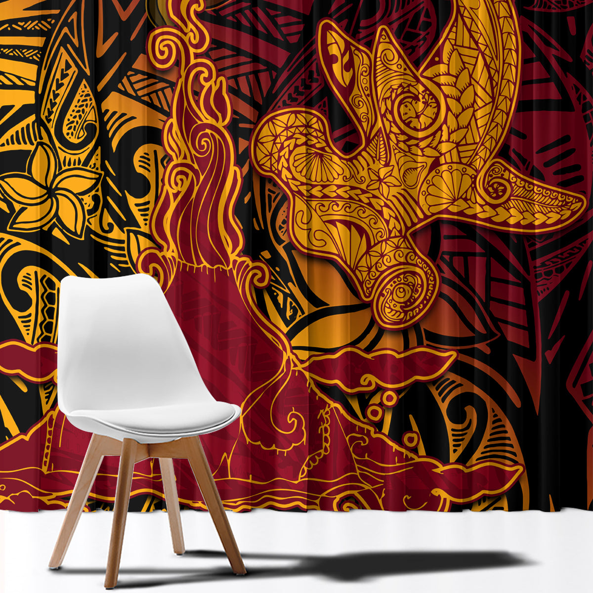 Hawaiian Volcano and Shark Window Curtain Polynesian and Hibiscus Pattern Lava Color LT03 - Polynesian Pride