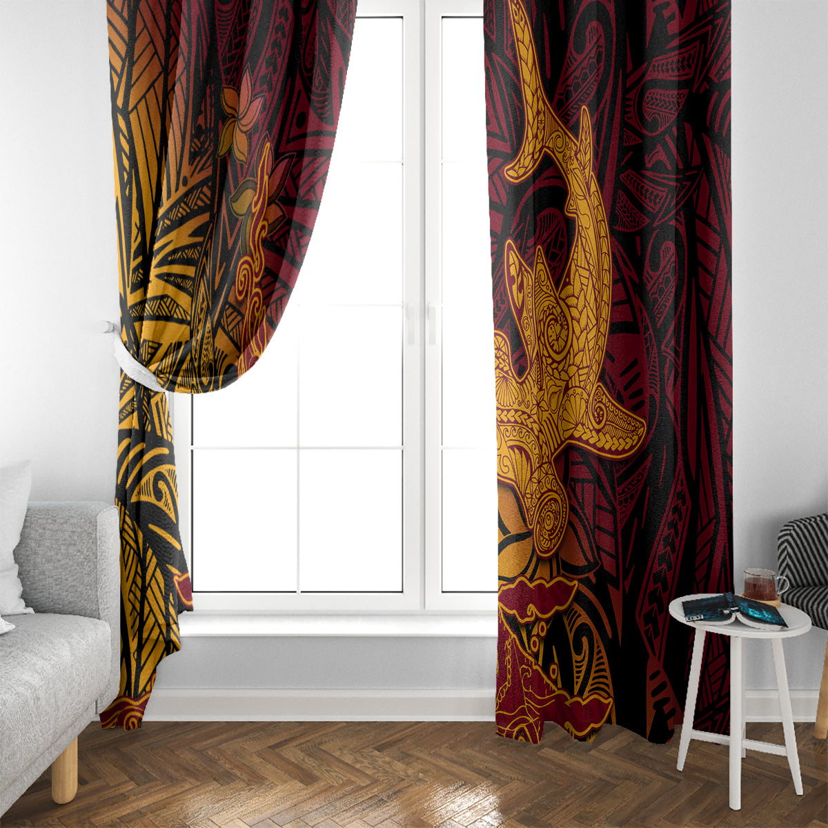 Hawaiian Volcano and Shark Window Curtain Polynesian and Hibiscus Pattern Lava Color LT03 - Polynesian Pride