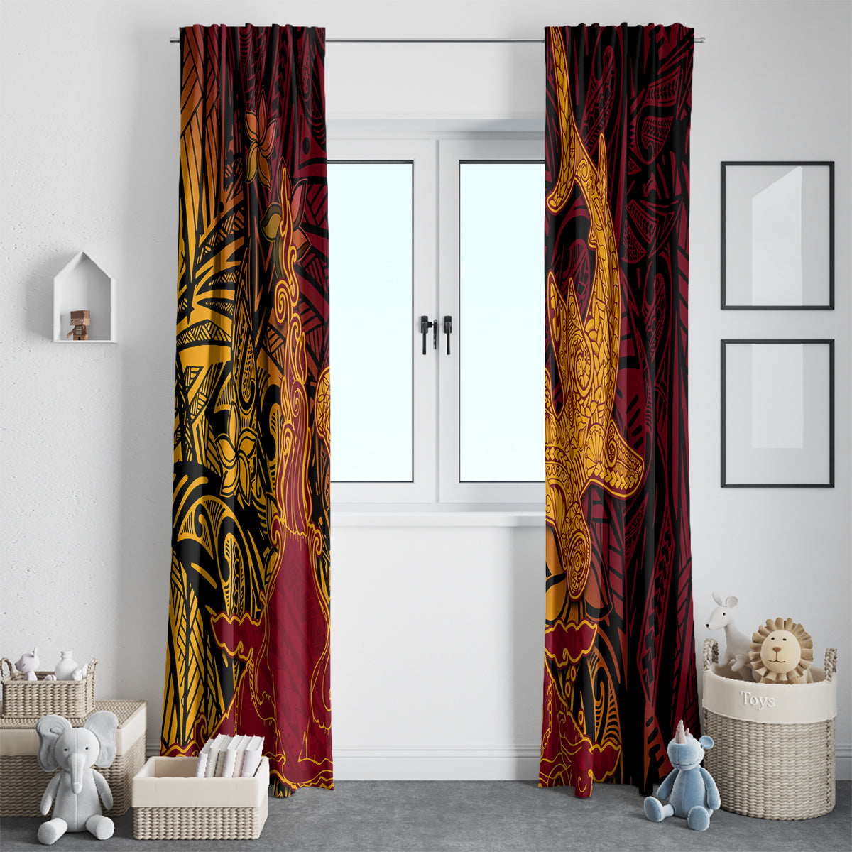 Hawaiian Volcano and Shark Window Curtain Polynesian and Hibiscus Pattern Lava Color LT03 - Polynesian Pride