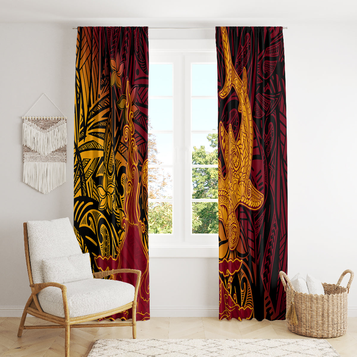 Hawaiian Volcano and Shark Window Curtain Polynesian and Hibiscus Pattern Lava Color LT03 - Polynesian Pride