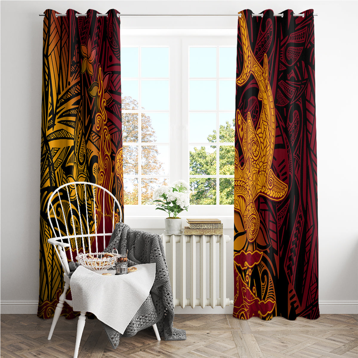 Hawaiian Volcano and Shark Window Curtain Polynesian and Hibiscus Pattern Lava Color LT03 - Polynesian Pride