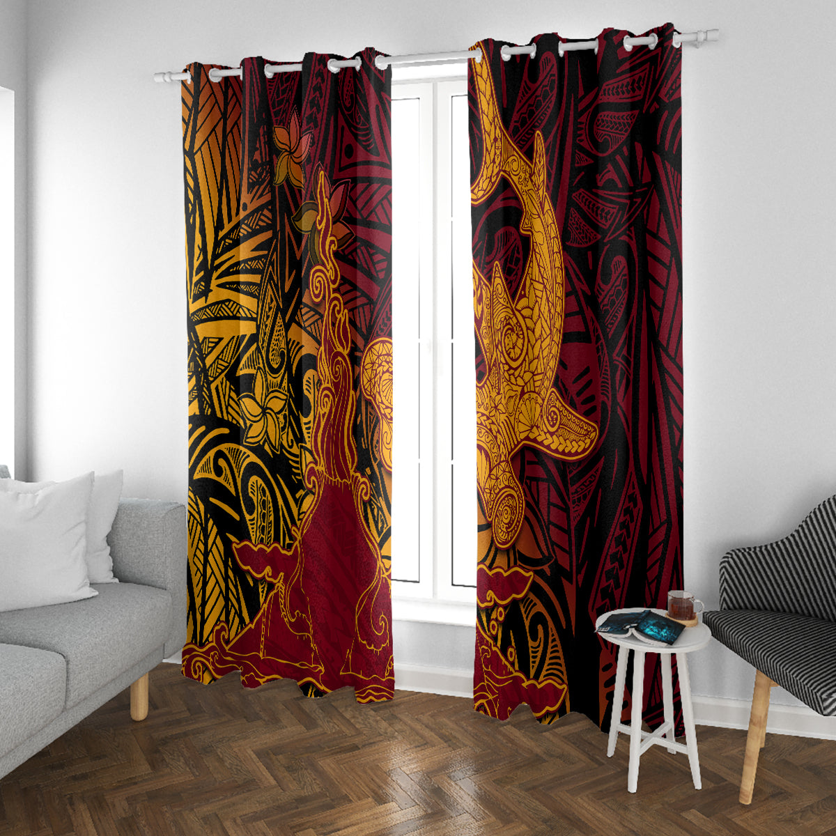 Hawaiian Volcano and Shark Window Curtain Polynesian and Hibiscus Pattern Lava Color LT03 With Grommets Red - Polynesian Pride