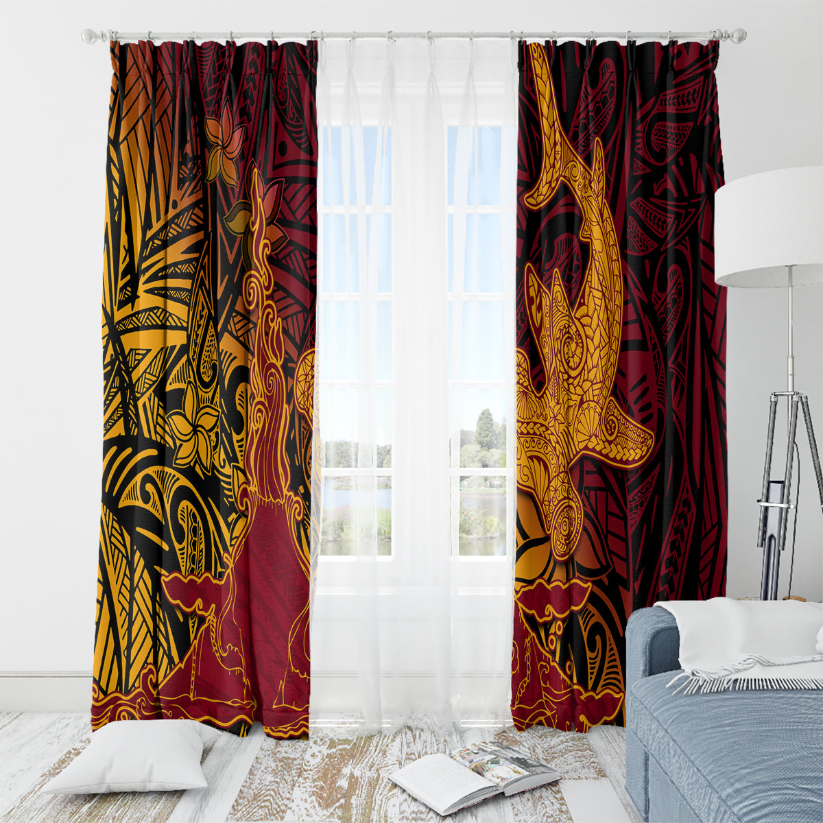 Hawaiian Volcano and Shark Window Curtain Polynesian and Hibiscus Pattern Lava Color LT03 - Polynesian Pride