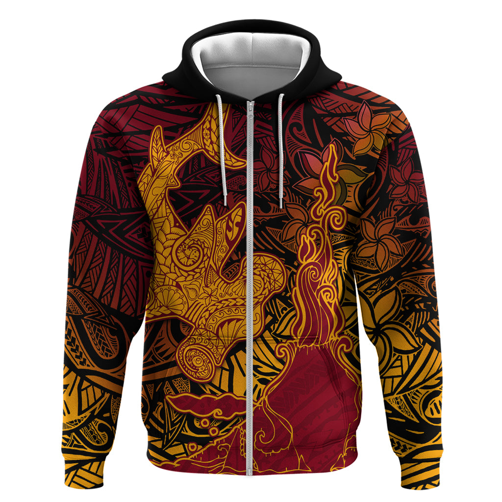 Hawaiian Volcano and Shark Zip Hoodie Polynesian and Hibiscus Pattern Lava Color LT03 Zip Hoodie Red - Polynesian Pride