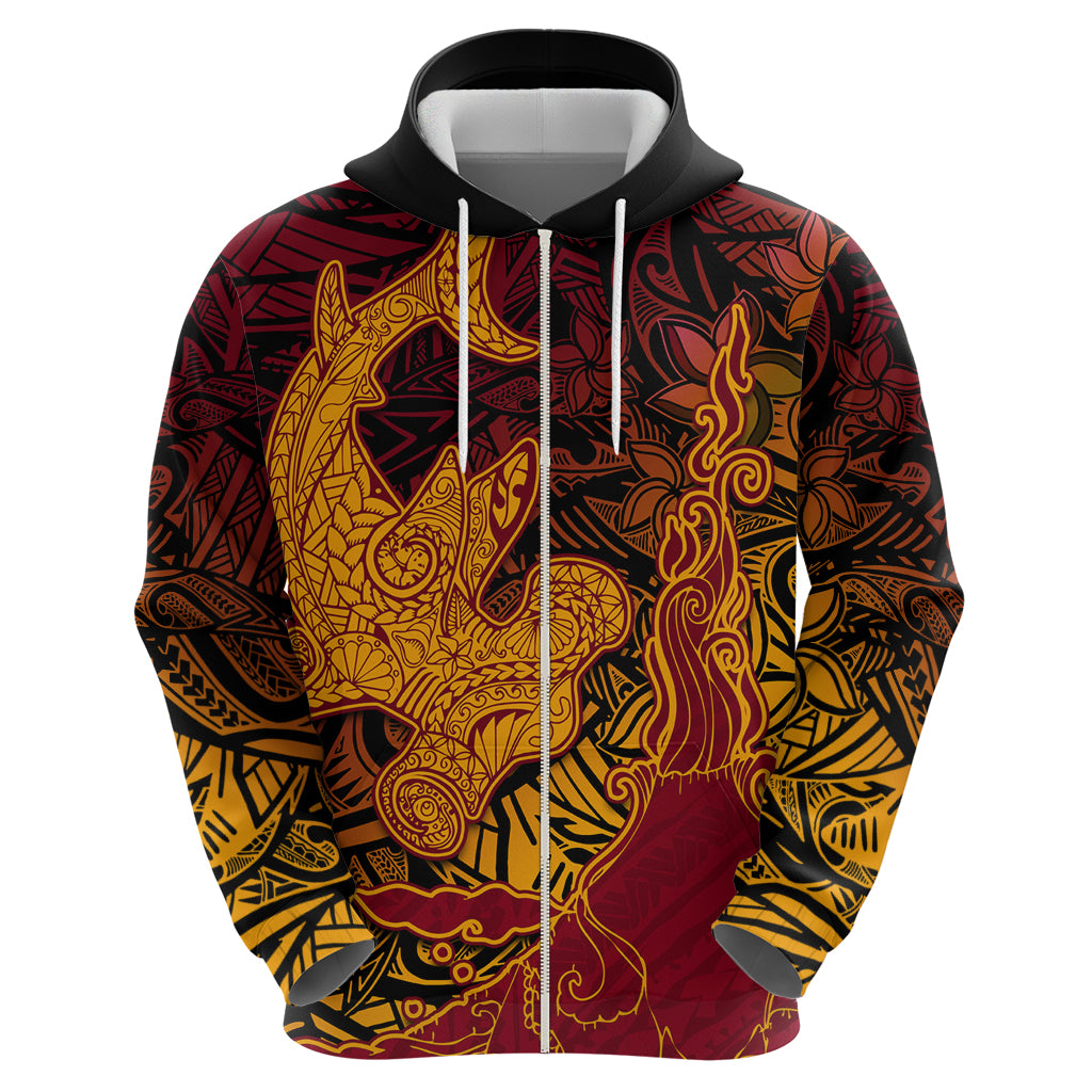 Hawaiian Volcano and Shark Zip Hoodie Polynesian and Hibiscus Pattern Lava Color