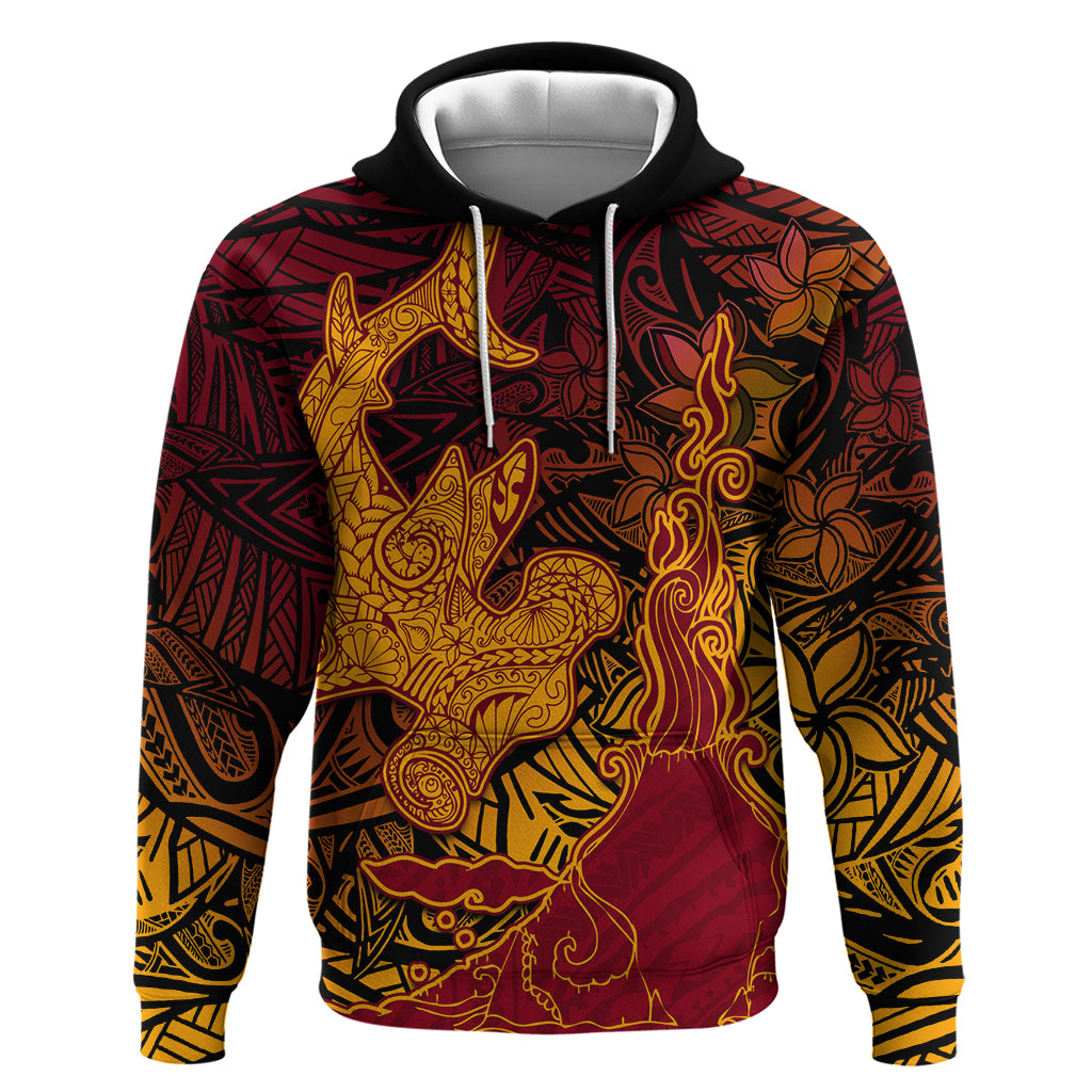 Hawaiian Volcano and Shark Zip Hoodie Polynesian and Hibiscus Pattern Lava Color