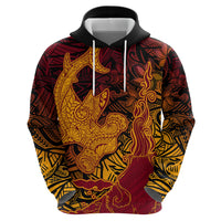 Hawaiian Volcano and Shark Zip Hoodie Polynesian and Hibiscus Pattern Lava Color