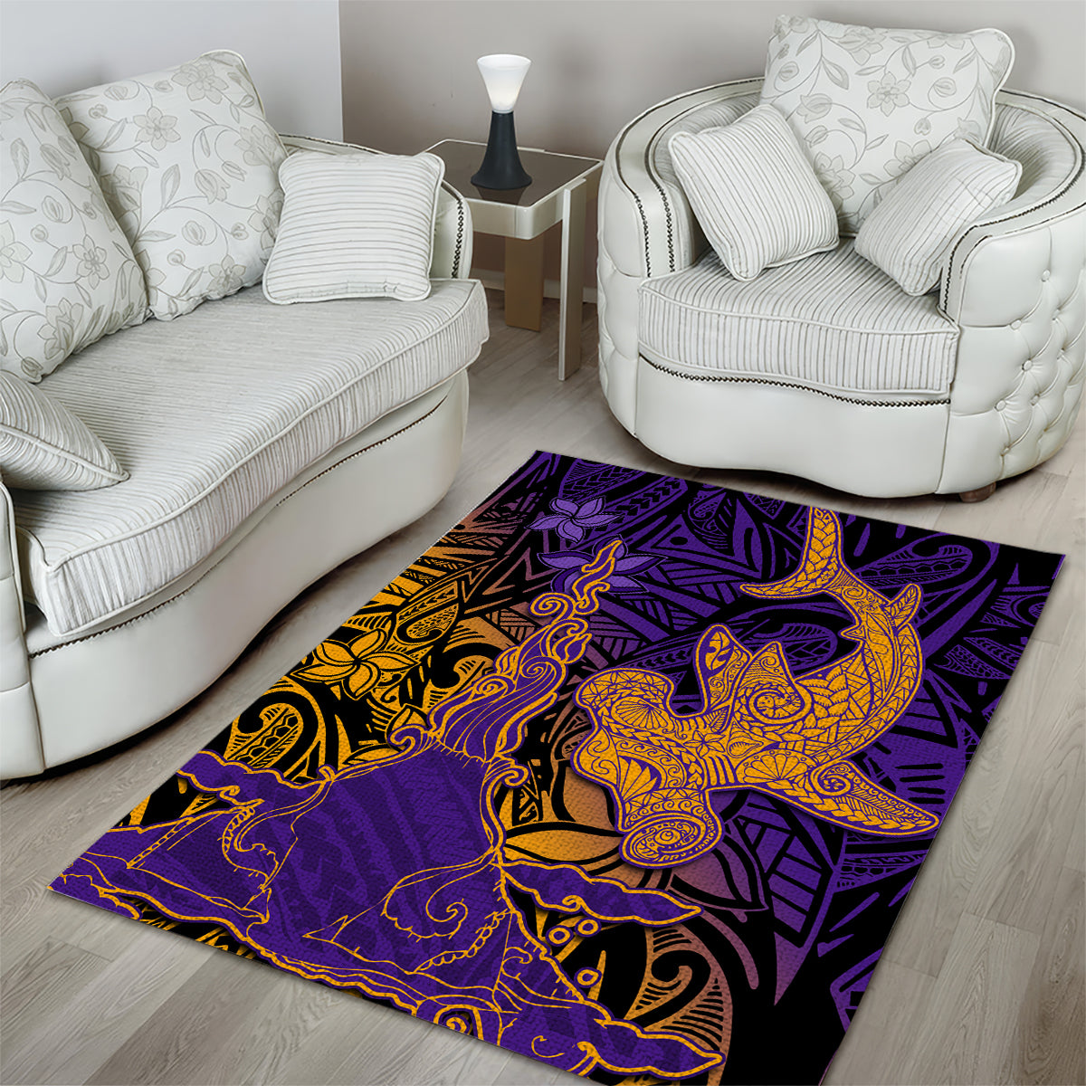Hawaiian Volcano and Shark Area Rug Polynesian and Hibiscus Pattern Purple Yellow Gradient