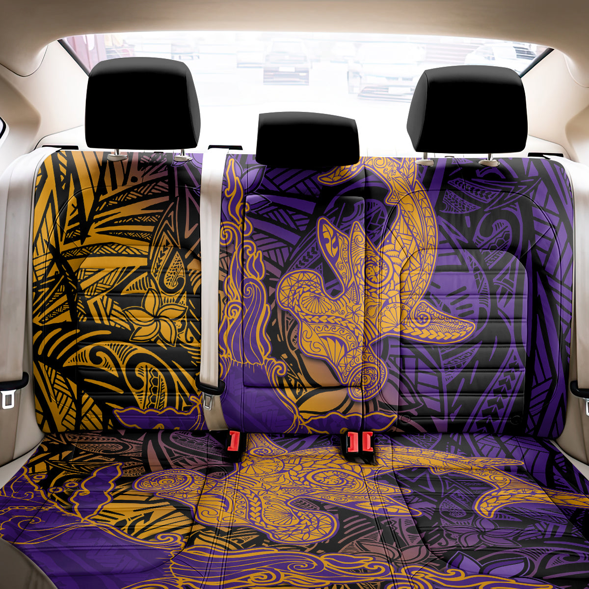 Hawaiian Volcano and Shark Back Car Seat Cover Polynesian and Hibiscus Pattern Purple Yellow Gradient LT03 - Polynesian Pride