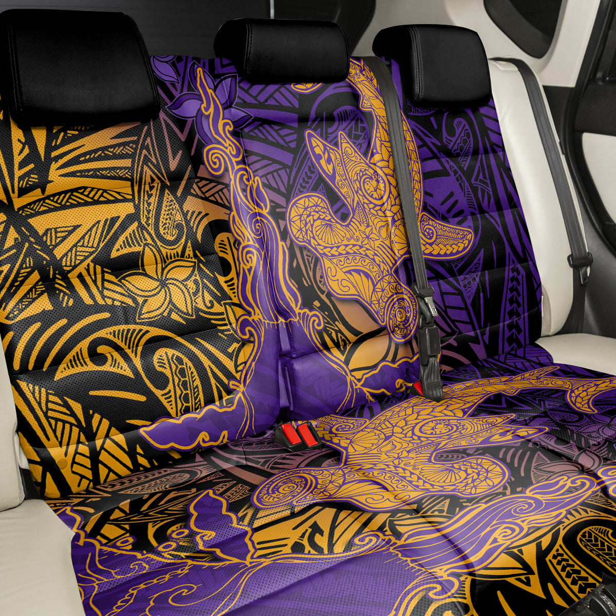 Hawaiian Volcano and Shark Back Car Seat Cover Polynesian and Hibiscus Pattern Purple Yellow Gradient LT03 - Polynesian Pride