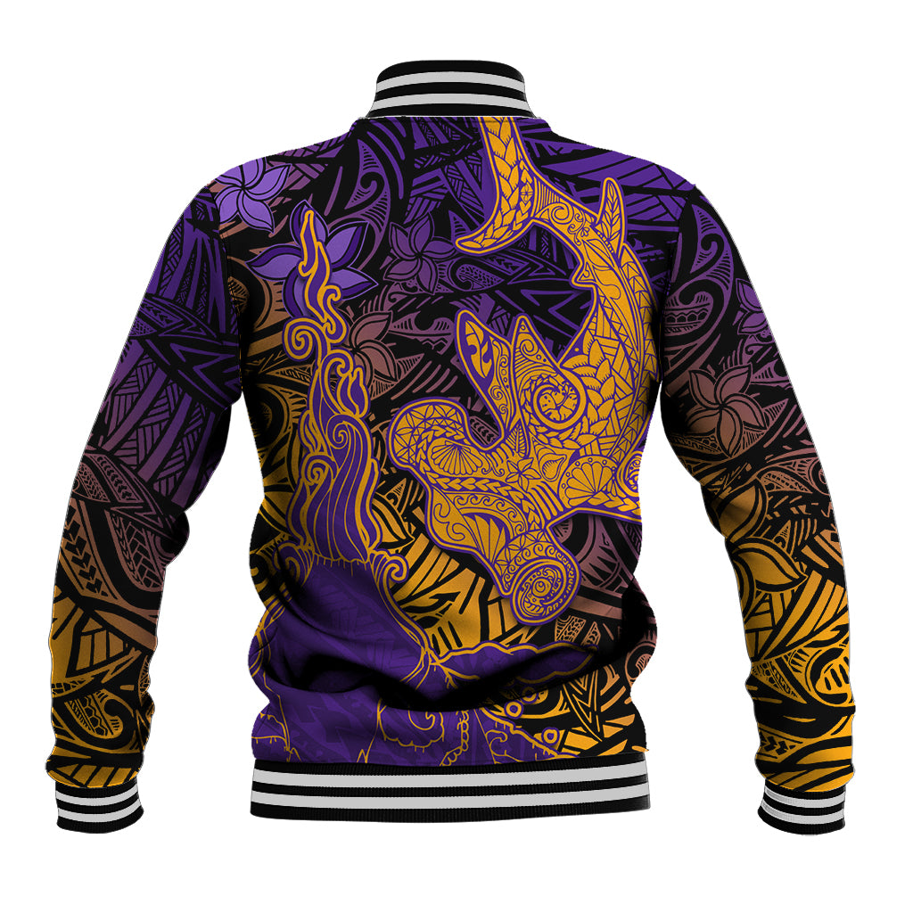 Hawaiian Volcano and Shark Baseball Jacket Polynesian and Hibiscus Pattern Purple Yellow Gradient