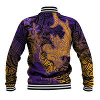 Hawaiian Volcano and Shark Baseball Jacket Polynesian and Hibiscus Pattern Purple Yellow Gradient