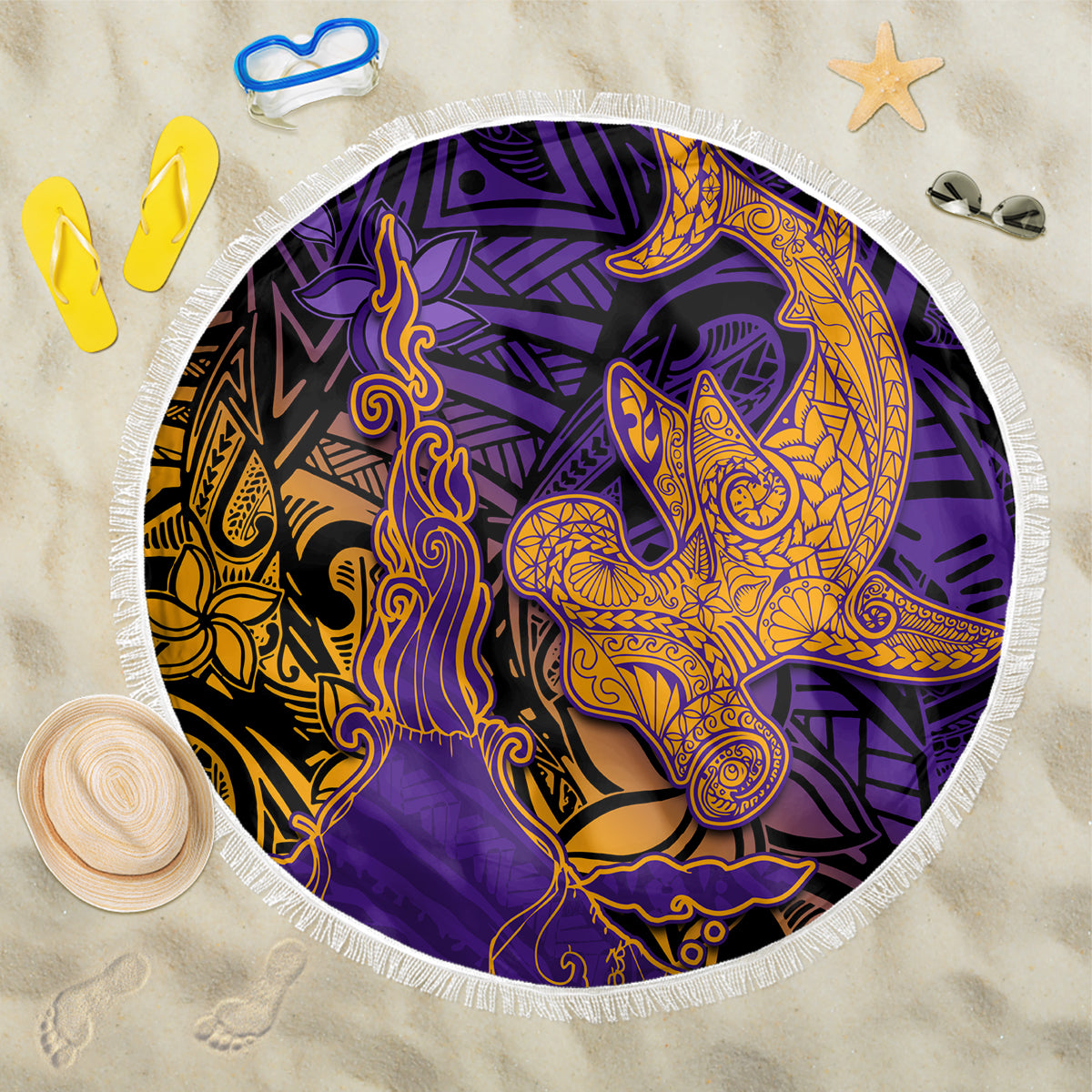 Hawaiian Volcano and Shark Beach Blanket Polynesian and Hibiscus Pattern Purple Yellow Gradient LT03 One Size 150cm Purple - Polynesian Pride