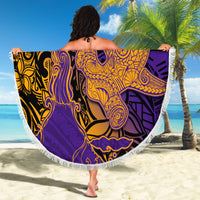 Hawaiian Volcano and Shark Beach Blanket Polynesian and Hibiscus Pattern Purple Yellow Gradient