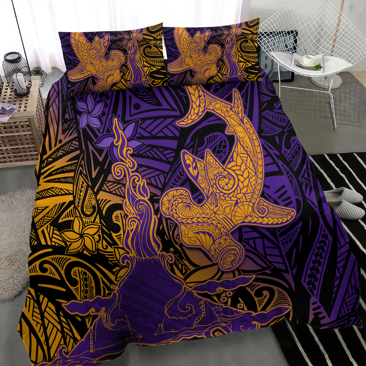 Hawaiian Volcano and Shark Bedding Set Polynesian and Hibiscus Pattern Purple Yellow Gradient