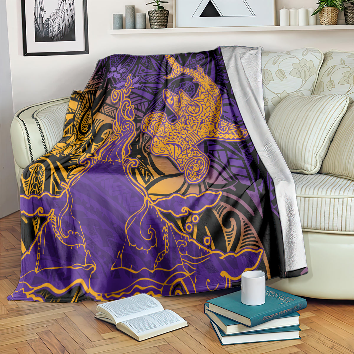 Hawaiian Volcano and Shark Blanket Polynesian and Hibiscus Pattern Purple Yellow Gradient LT03 Purple - Polynesian Pride