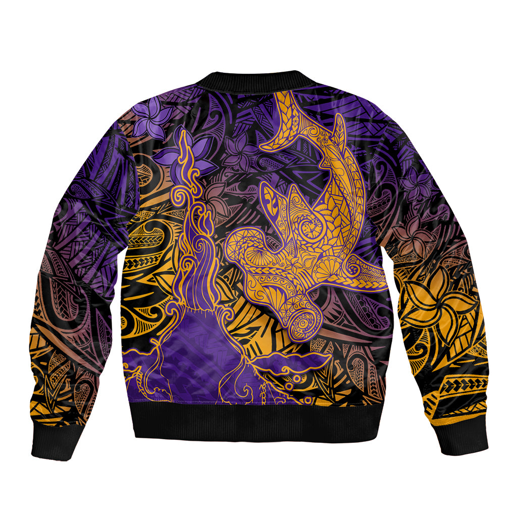 Hawaiian Volcano and Shark Bomber Jacket Polynesian and Hibiscus Pattern Purple Yellow Gradient