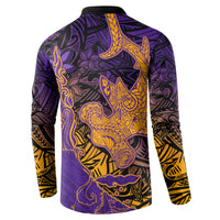 Hawaiian Volcano and Shark Button Sweatshirt Polynesian and Hibiscus Pattern Purple Yellow Gradient