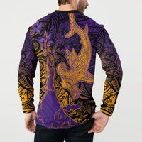 Hawaiian Volcano and Shark Button Sweatshirt Polynesian and Hibiscus Pattern Purple Yellow Gradient