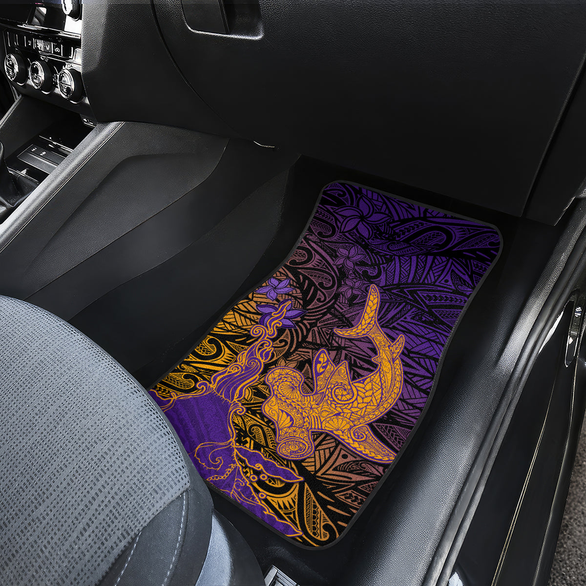 Hawaiian Volcano and Shark Car Mats Polynesian and Hibiscus Pattern Purple Yellow Gradient