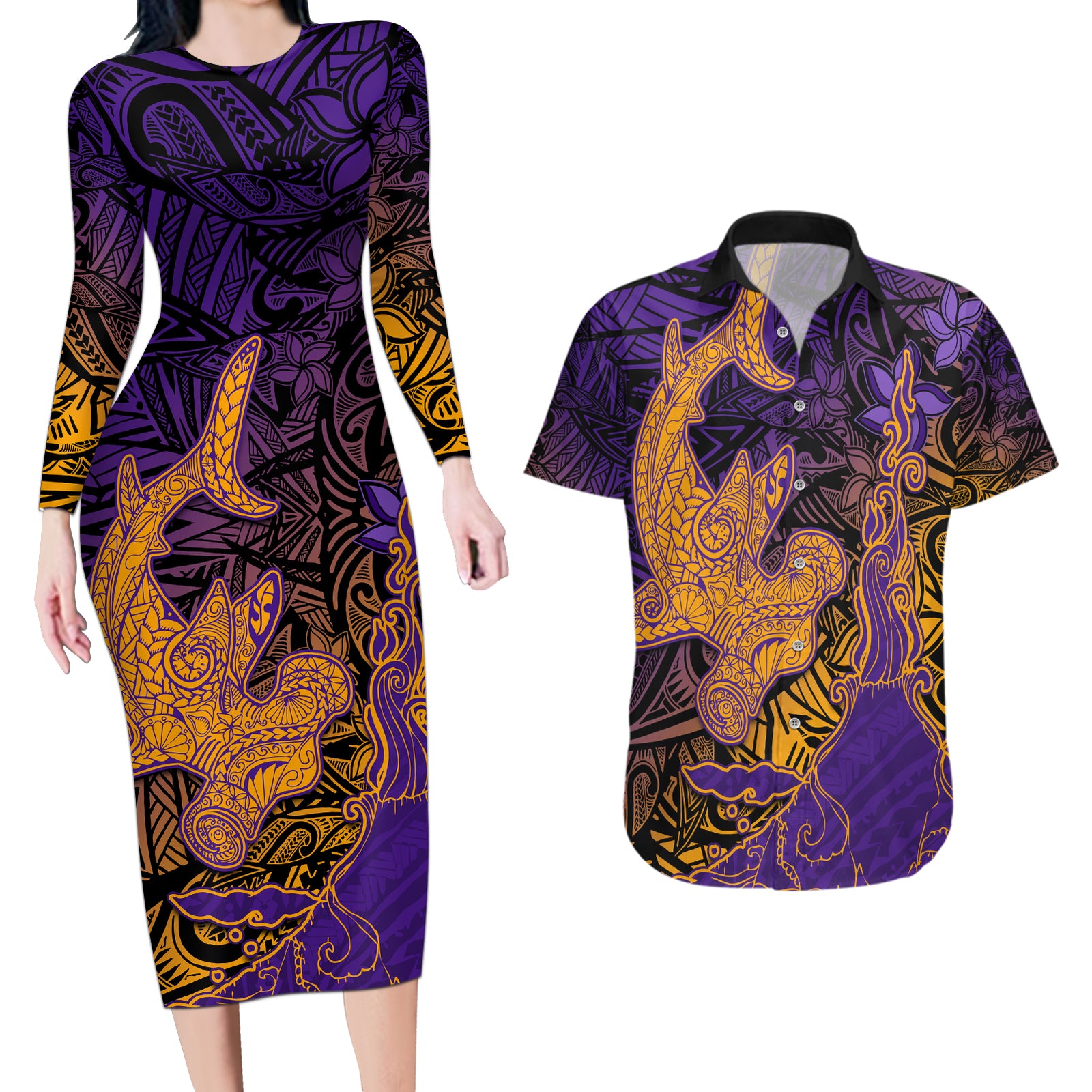 Hawaiian Volcano and Shark Couples Matching Long Sleeve Bodycon Dress and Hawaiian Shirt Polynesian and Hibiscus Pattern Purple Yellow Gradient LT03 Purple - Polynesian Pride