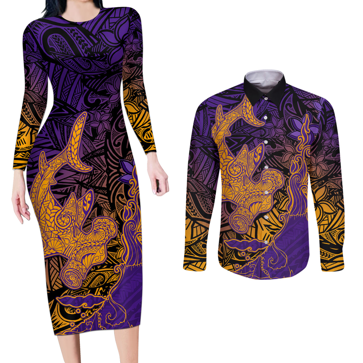Hawaiian Volcano and Shark Couples Matching Long Sleeve Bodycon Dress and Long Sleeve Button Shirt Polynesian and Hibiscus Pattern Purple Yellow Gradient