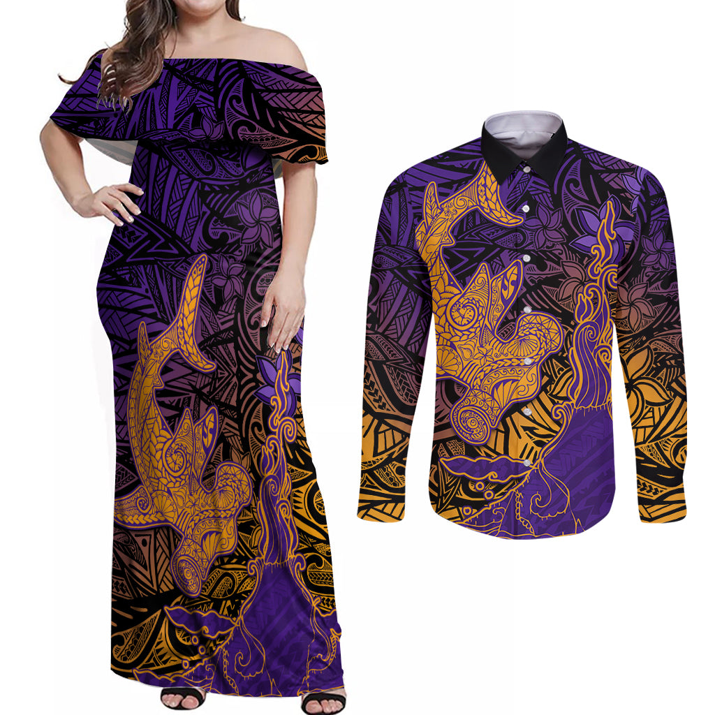 Hawaiian Volcano and Shark Couples Matching Off Shoulder Maxi Dress and Long Sleeve Button Shirt Polynesian and Hibiscus Pattern Purple Yellow Gradient LT03 Purple - Polynesian Pride