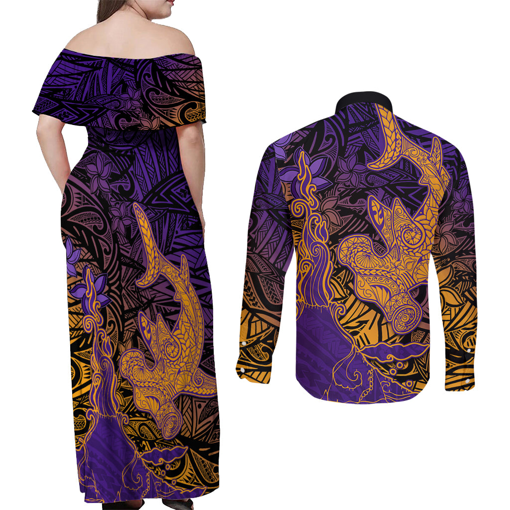 Hawaiian Volcano and Shark Couples Matching Off Shoulder Maxi Dress and Long Sleeve Button Shirt Polynesian and Hibiscus Pattern Purple Yellow Gradient