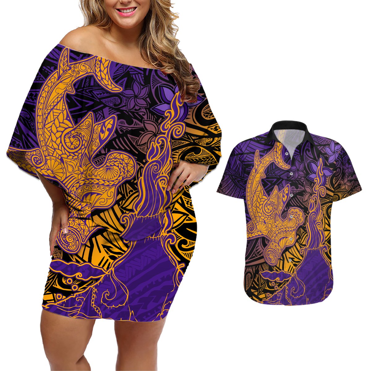 Hawaiian Volcano and Shark Couples Matching Off Shoulder Short Dress and Hawaiian Shirt Polynesian and Hibiscus Pattern Purple Yellow Gradient LT03 Purple - Polynesian Pride