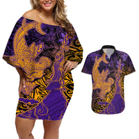 Hawaiian Volcano and Shark Couples Matching Off Shoulder Short Dress and Hawaiian Shirt Polynesian and Hibiscus Pattern Purple Yellow Gradient