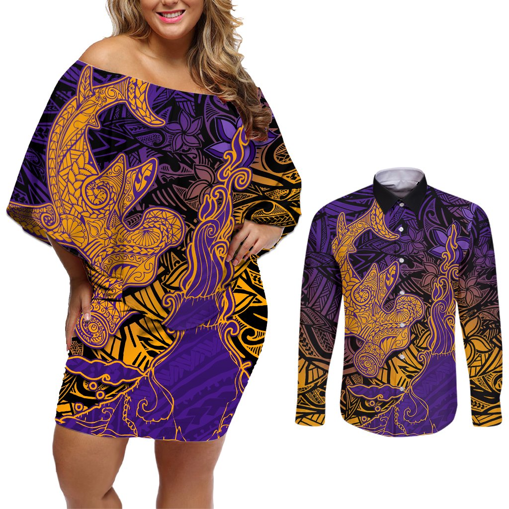 Hawaiian Volcano and Shark Couples Matching Off Shoulder Short Dress and Long Sleeve Button Shirt Polynesian and Hibiscus Pattern Purple Yellow Gradient LT03 Purple - Polynesian Pride