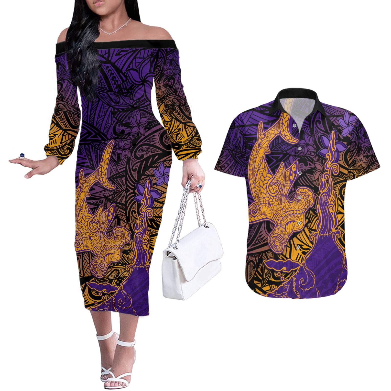 Hawaiian Volcano and Shark Couples Matching Off The Shoulder Long Sleeve Dress and Hawaiian Shirt Polynesian and Hibiscus Pattern Purple Yellow Gradient LT03 Purple - Polynesian Pride