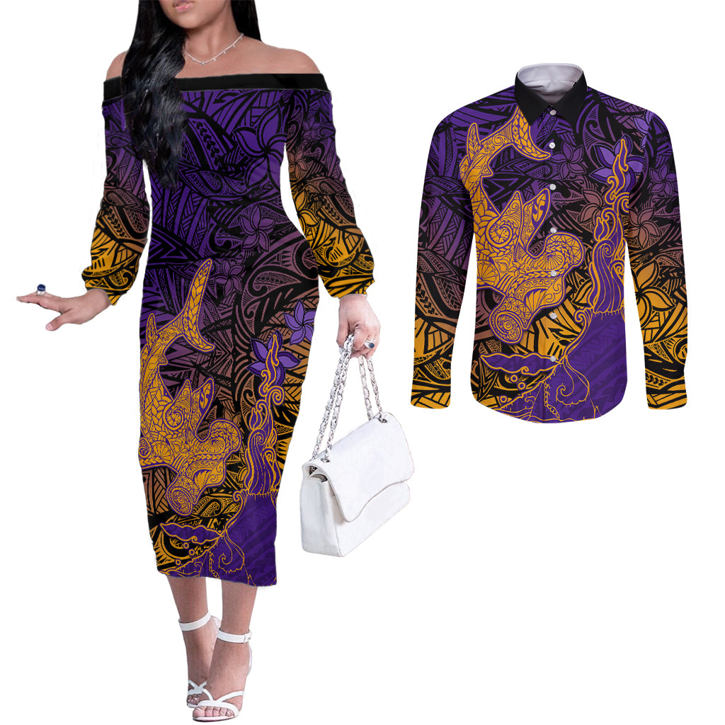 Hawaiian Volcano and Shark Couples Matching Off The Shoulder Long Sleeve Dress and Long Sleeve Button Shirt Polynesian and Hibiscus Pattern Purple Yellow Gradient LT03 Purple - Polynesian Pride
