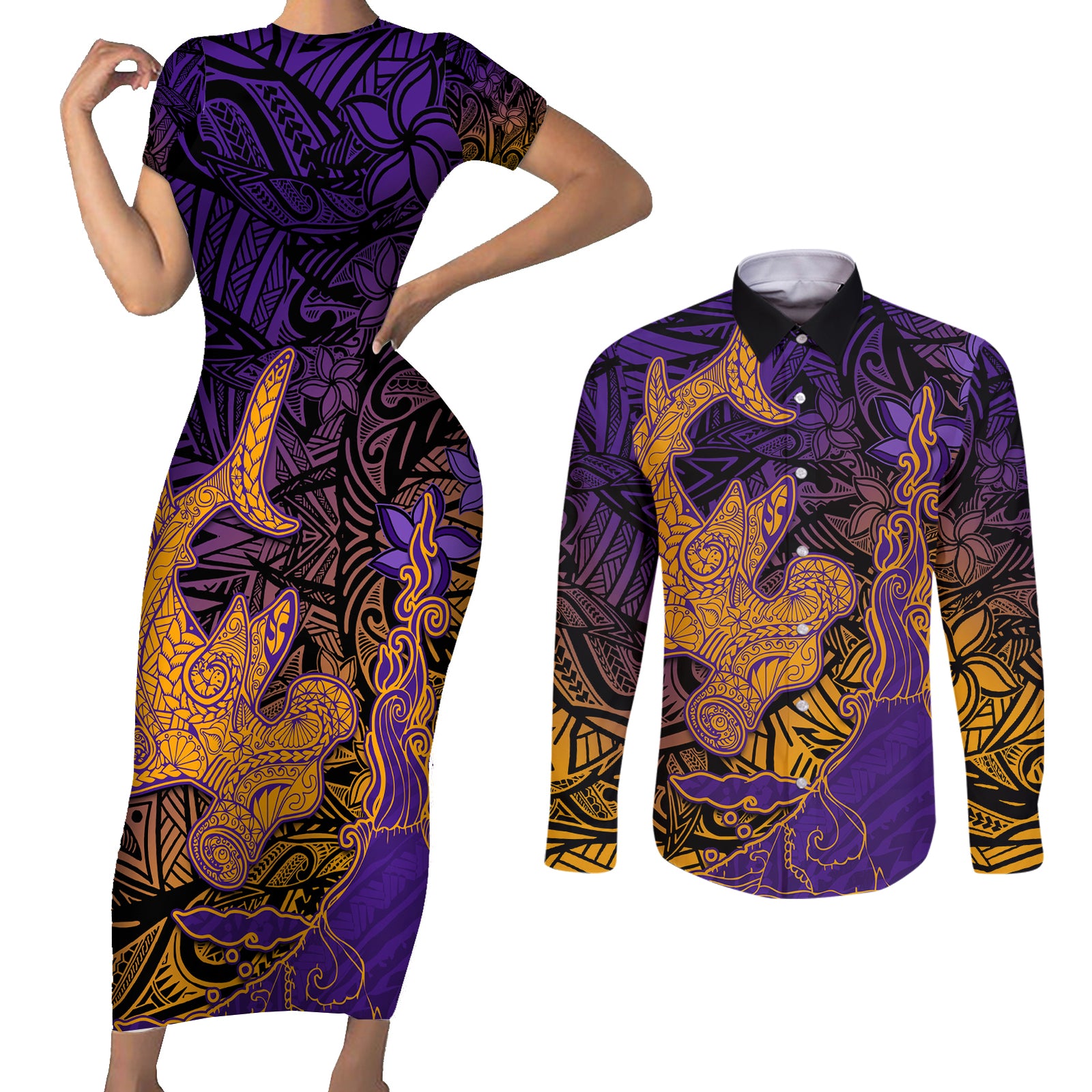 Hawaiian Volcano and Shark Couples Matching Short Sleeve Bodycon Dress and Long Sleeve Button Shirt Polynesian and Hibiscus Pattern Purple Yellow Gradient LT03 Purple - Polynesian Pride