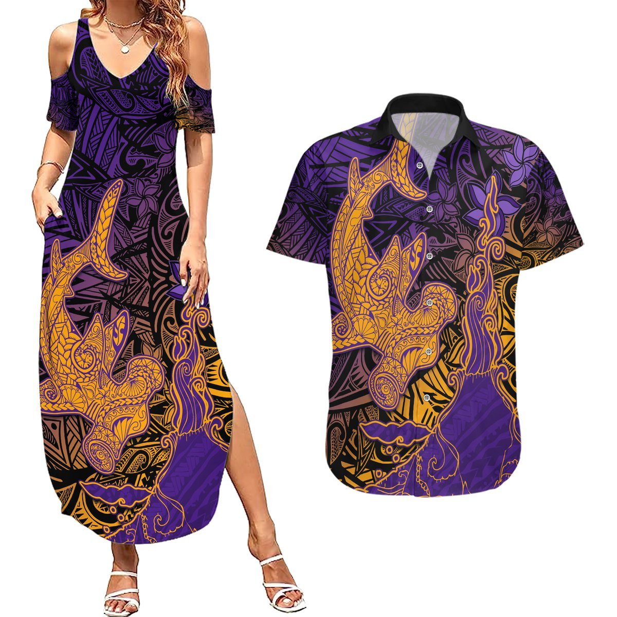 Hawaiian Volcano and Shark Couples Matching Summer Maxi Dress and Hawaiian Shirt Polynesian and Hibiscus Pattern Purple Yellow Gradient LT03 Purple - Polynesian Pride