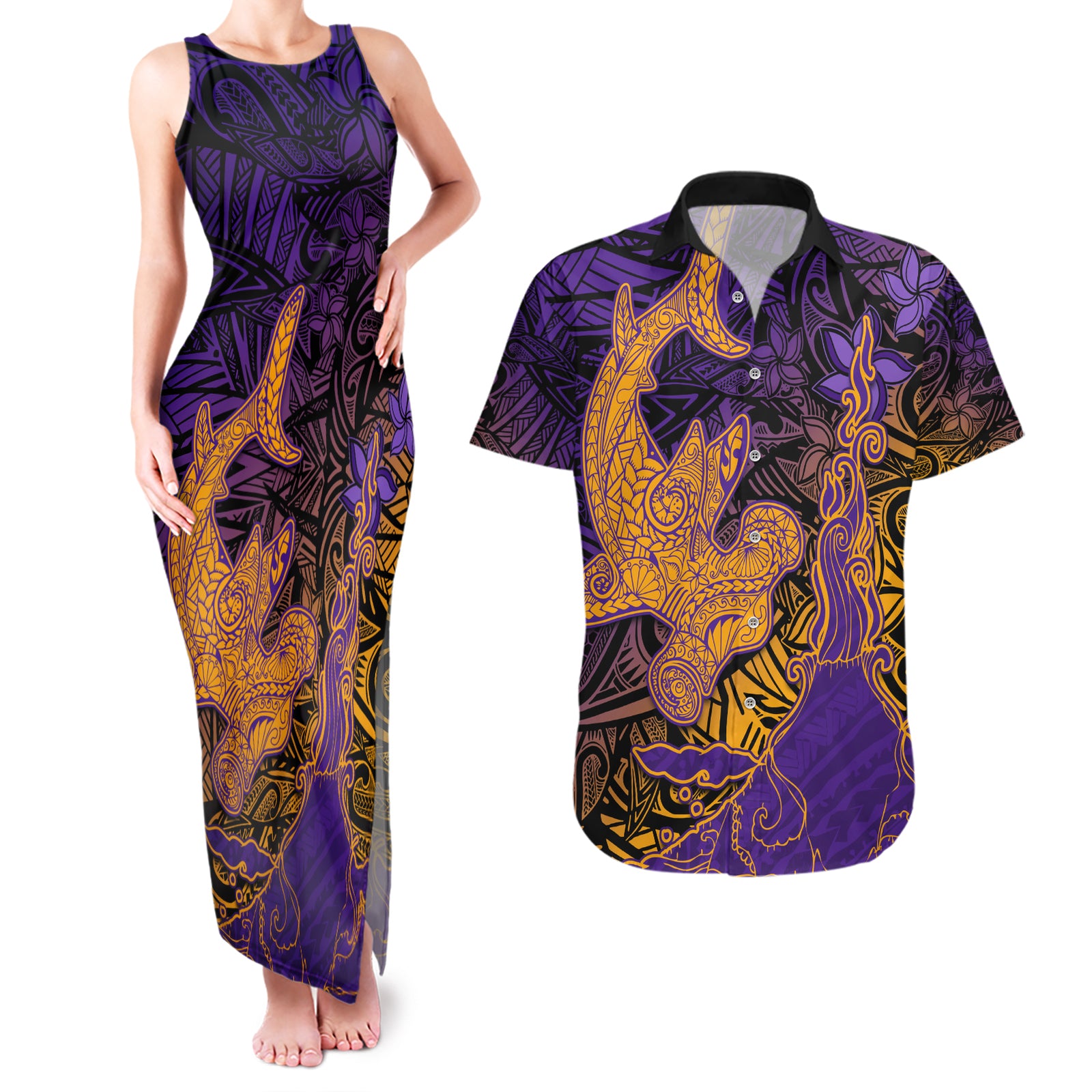 Hawaiian Volcano and Shark Couples Matching Tank Maxi Dress and Hawaiian Shirt Polynesian and Hibiscus Pattern Purple Yellow Gradient LT03 Purple - Polynesian Pride